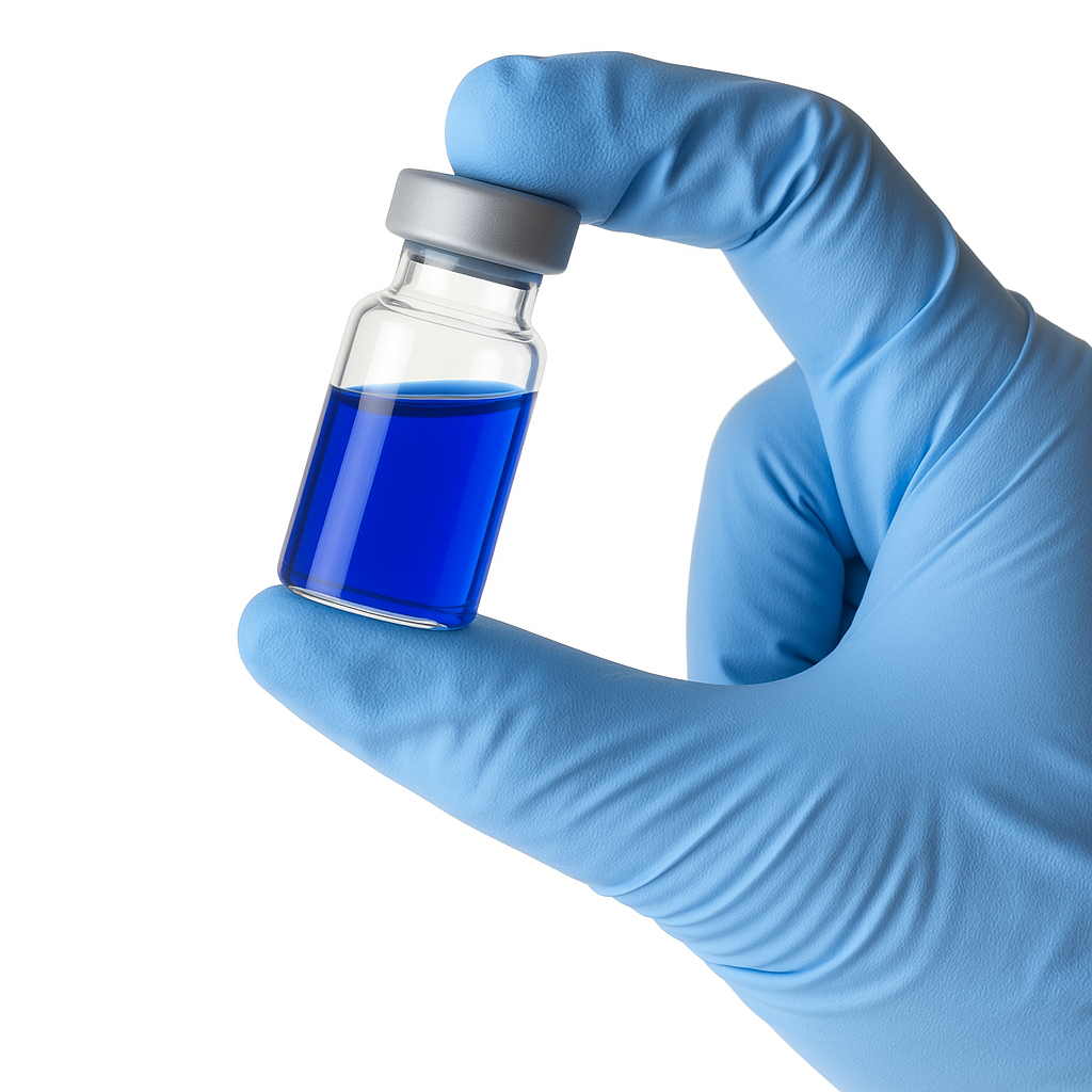 A vial of Copper peptide serum held with only two fingers