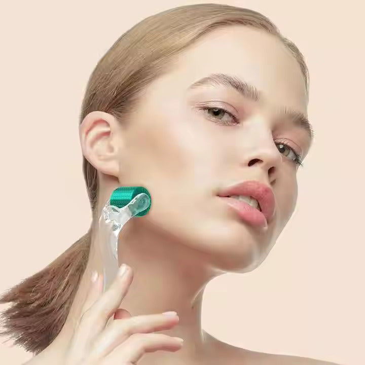 a woman applying the derma roller on face